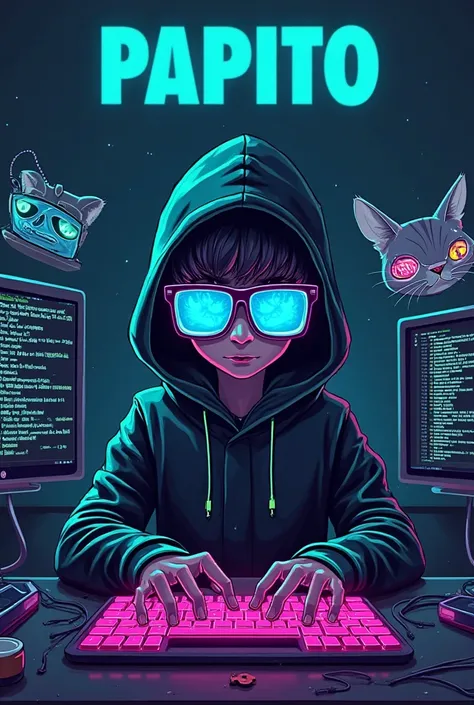 "Cartoon cyberpunk style. A young charismatic hacker named 'Papito' wearing a black hoodie with neon green/purple accents, typing on a glowing RGB keyboard. Blue neon glasses reflecting code. Three floating monitors show green code, network maps, and 'fire...