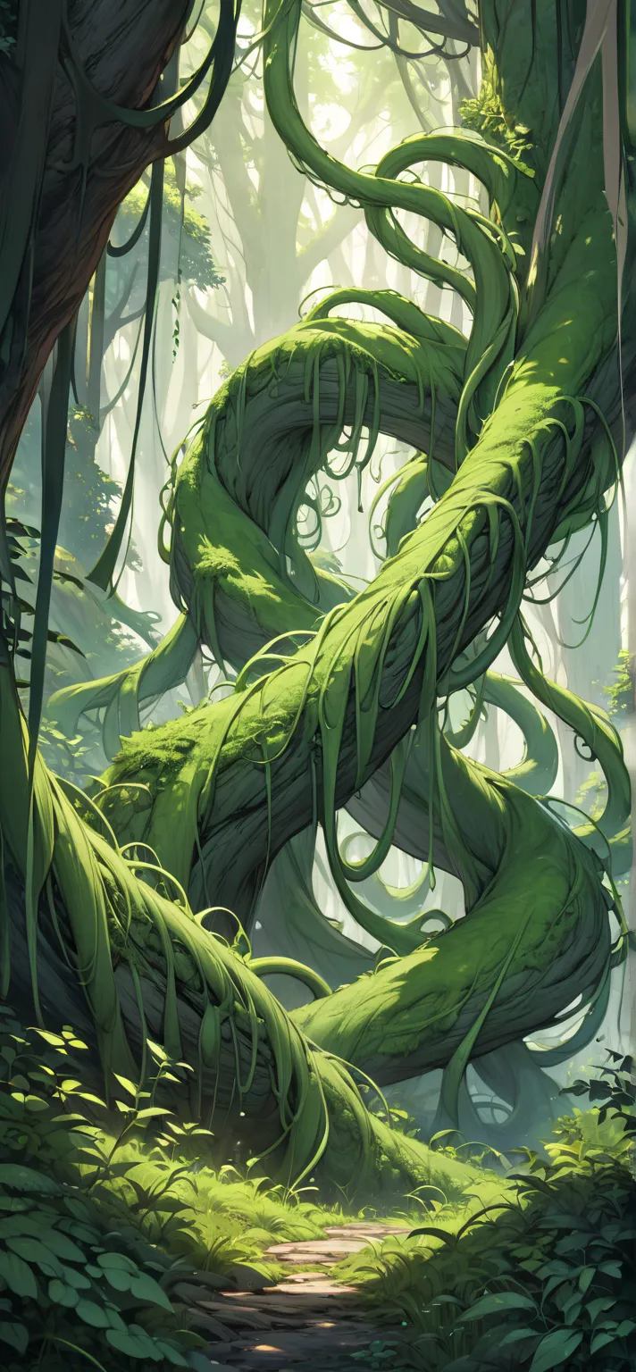 A mysterious, lush green forest overrun by thick bumpy tendrils. The tendrils are long and thick and are grooved along their sides. ((No people:1.1))