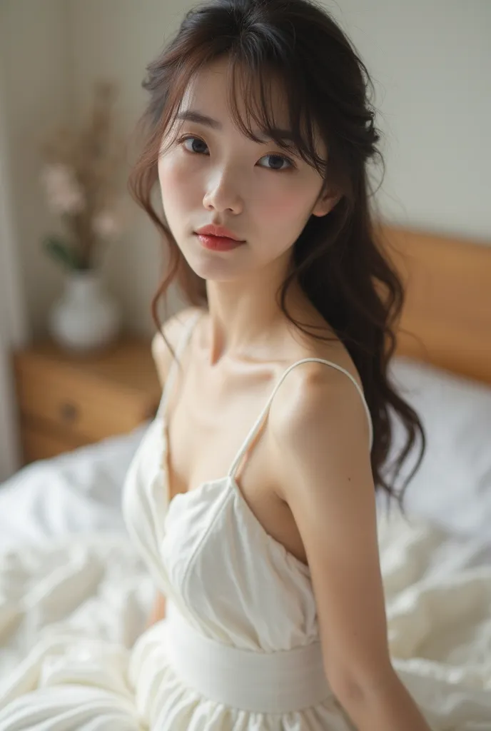 arafed asian woman in a white dress sitting on a bed, japanese model, young sensual gravure idol, beautiful asian girl, japanese goddess, young pretty gravure idol, realistic young gravure idol, young and cute girl, girl cute-fine-face, with cute doting ey...