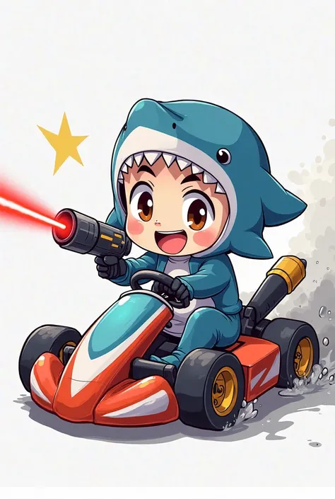 Make a chibi manga style drawing of a  boy disguised as a shark driving a Crash Team Racing kart. Hold a laser gun in your hands while having fun driving the kart. Drawing simulates fan art. Drawing inspired by Inio Asano