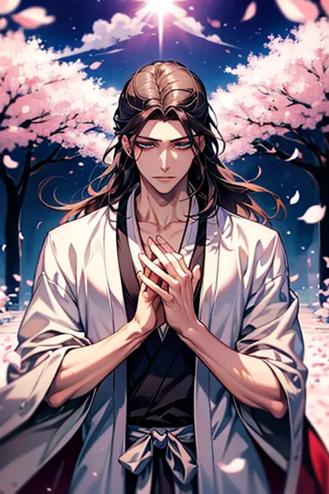 cz_byakuyav2-000002, 1boy, upper body, expressionless, japanese clothes, long hair, solo, cherry blossoms, looking at viewer,perfect_anatomy, perfect_body, perfect_face, perfect_eyes, perfect_chest, perfect_arms, perfect_hands, perfect_fingers, perfect_leg...