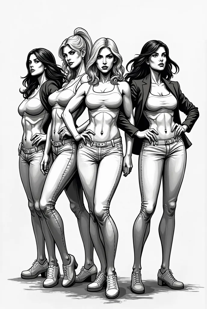 Comic-style cartoon of five empowered white women, powerful and beautiful, in black and white.