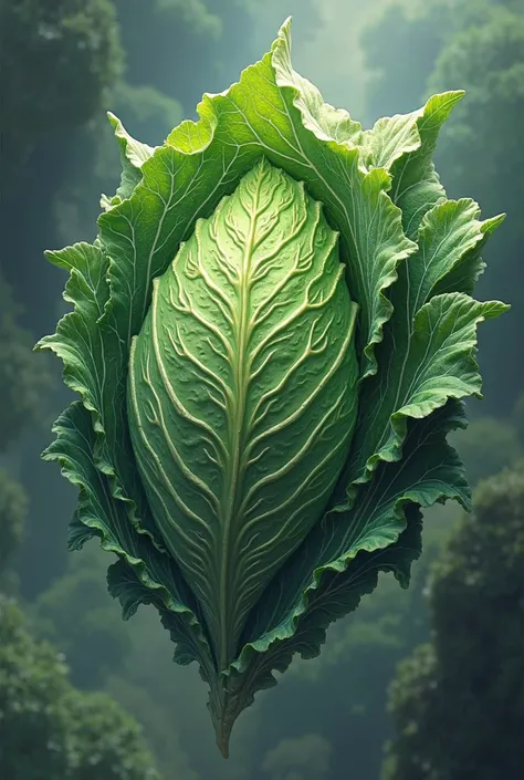 A shield made of cabbage ,tilted to the right,similar to the art of a Yu-Gi-Oh card