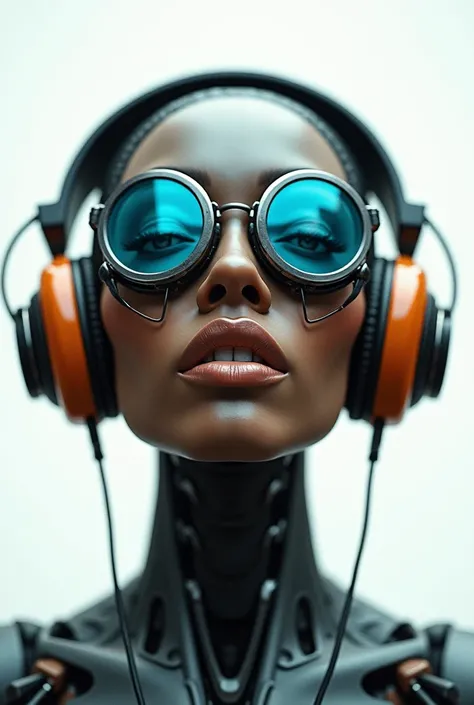 A photorealistic, cinematic photograph of a steampunk-inspired robot with a feminine appearance, with African features, captured in a vibrant and stunning frontal portrait. The robot's face is symmetrical, with a prominent pair of goggles. The glasses do n...