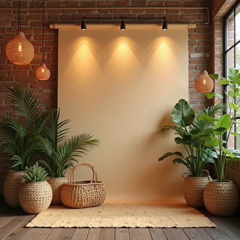 A visually captivating background designed for showcasing handmade artisan products on Etsy. The scene features a warm and aesthetically pleasing boutique environment with a rustic brick wall, soft ambient lighting, and a wooden floor that adds a natural a...