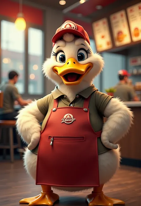 photorealistic full body portrait of Dressed animals - a ((fat)) (duck) fast food worker,(art by Giuseppe Arcimboldo),(happy smile:1.5),(furry), high quality,(lovely) hands on hips,, (Wearing fast food shop uniform) , (wearing apron and shirt with logo), h...