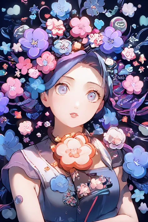 score_9, score_8_up, score_7_up, (Masterpiece), best quality,  expressive eyes, perfect face girl Hinata Hyuga , Half body perfect anatomy ,illustration of Hinata from Naruto pose 3/4 bust vivid colors purple and blue flowers in a field of purple flowers p...