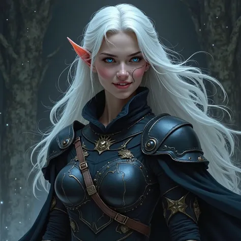 Elven woman with white hair, glowing blue eyes, dressed in black simple armor, scar eye, wide smile on her face