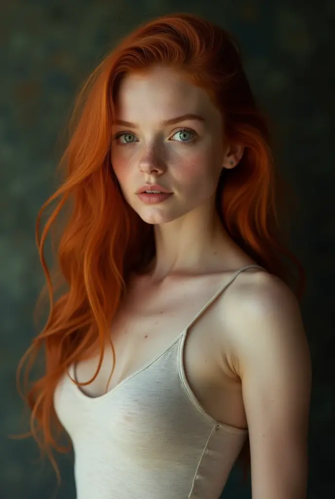 Completely naked fair-skinned young girl with medium large breasts slender brown eyes and red hair