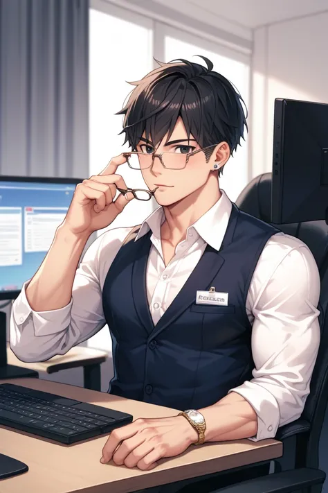 anime style　male　 muscular　 black eyes　 black hair　Short Hair　company　in a suit　tie　glasses　glassesを掛け直す　In front of the computer