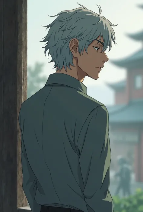 Make an anime character a man, skinny,  of middle age,  turning her back , with medium-long, gray-haired hair