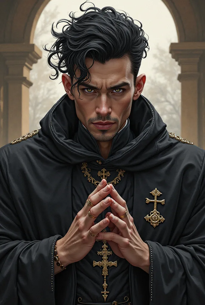 Make a 2D RPG character where he's a 46-year-old black-haired priest, with a strong body and he's so handsome and angelic that he seems to have been sculpted by God, But who hides an evil secret, He is loved and respected by everyone in the kingdom. 