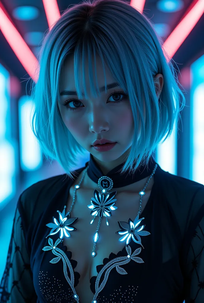 all around、In the dazzling halation black light、She's casting a spell、Please take a full-body picture of a beautiful Japanese girl who looks like a combination of a Chinese dress and gothic。costume emits black fluorescent black embroideries、 overall fantas...