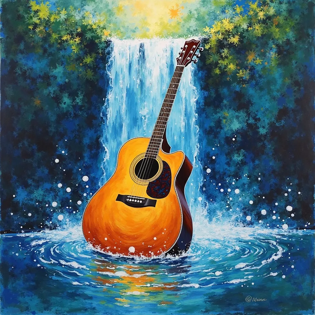 A vibrant and abstract painting featuring A Guitar In Waterfall. The background is an explosion of bold, textured colors, with fiery blue, deep green, and dark blue together in a dramatic and expressive manner. The brushstrokes are bold and dynamic, giving...