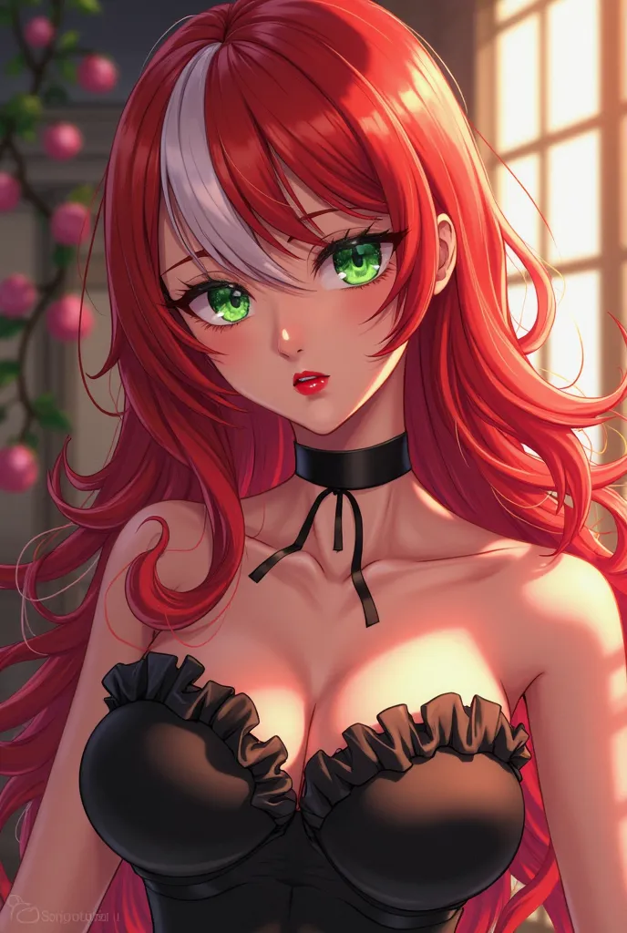 Pretty woman , curly long and red hair with one White streak in halftail, Apple Green eyes, red lipstic , dress with ruffled neckline, pretty and sexy body , dr stone style
