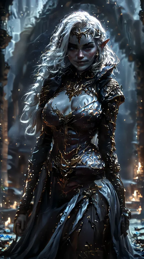 score_9, score_8_up, score_7_up, cinematic film still, very beautiful  female, Drow, dark elf, elf ears, Drow outfit, long hair, white hair, head tilt, hair blowing in the wind, standing pose, character concept art, underdark background, cold, chill bumps,...