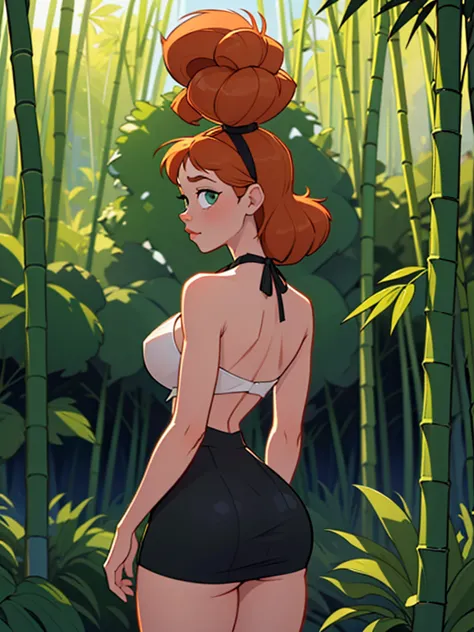 Annie Hughes stands amidst a tranquil bamboo forest, her back facing the viewer as she turns her head slightly to meet their gaze. She wears a delicate, backless halter top in cream white, tied at the neck, accentuating the graceful lines of her back and t...