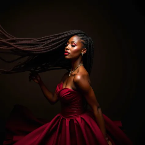 "Dynamic studio shot of a Black model with a honey-brown complexion and ultra-long Marley twists flowing mid-air as she moves. She is dressed in a structured couture gown, the fabric billowing dramatically to create a sense of motion. The makeup is strikin...