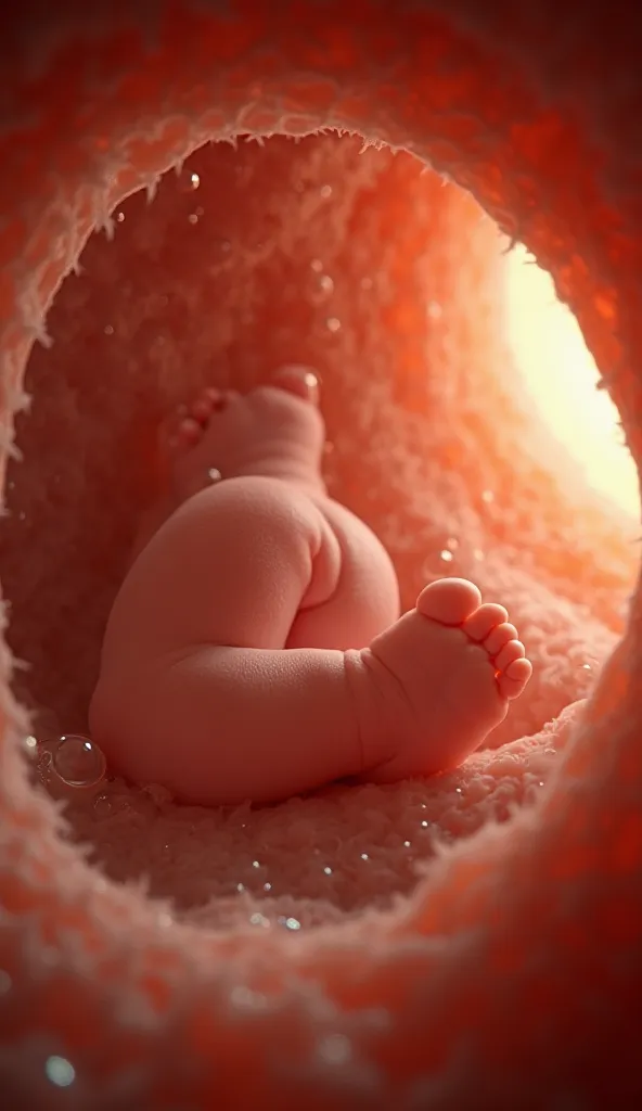 POV ultra-realistic image capturing the first-person perspective of a 9-month-old fetus inside the womb, focusing only on the legs. The scene immerses the viewer in the fetus's experience, showing small, curled legs with soft, slightly wrinkled skin. The f...