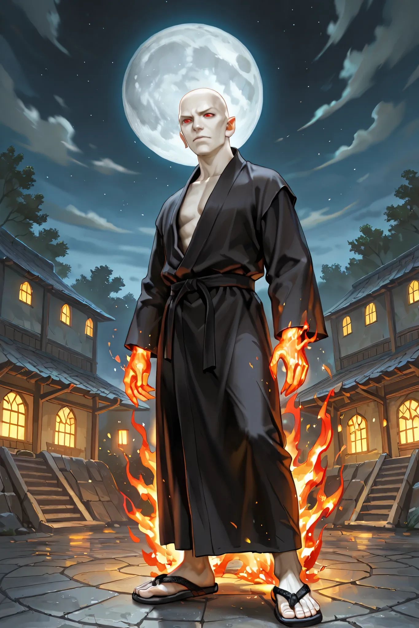 human, solo, male, pale skin, bald, red eyes,  black martial arts robes, monk, burning with magical flames, eastern sandals,  burning fists, ((standing in a village square near the coast)), night scene, colonial style buildings, full moon in sky, dungeons ...