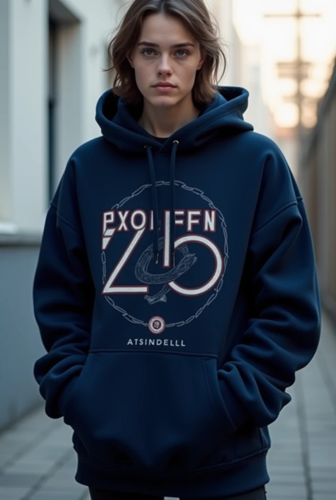 I want to create a creative design on oversized hoodie with colour navy blue and write front of hoodie name and 25