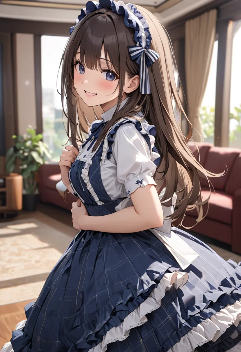  very cute and beautiful girl,( very well detailedで美しい顔),(smile:1.2), happy , embarrassing ,brown hair,  long hair, watching viewers, (Graceful dark blue check lolita dress、With fine frills),High-quality lace, , cross your arms on your back ,hotel,  living...