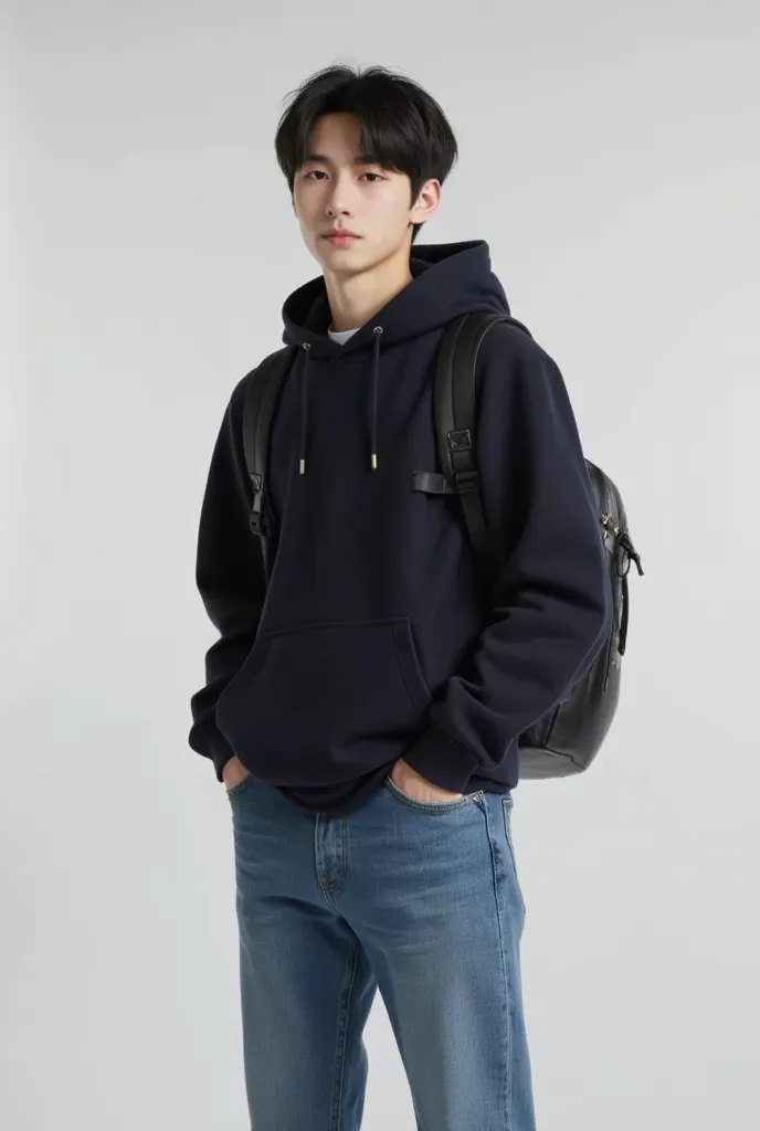 「cool and intelligent high school boy。Tall and slender 、casual short with black hair。features slender eyes and sharp facial features。clothes are black or navy hoodies and plain t-shirts、slender jeans and sneakers。black backpacks carry laptops and gadgets。w...