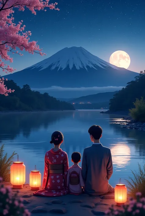 Family photo sitting at Mt. Fuji by the river at night