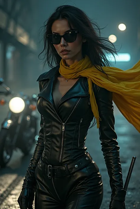 Beautiful Girl、 ish expression、black leather rider suit、black sunglasses、yellow scarf fluttering in the wind、Bike、Dagger in left hand、 night view