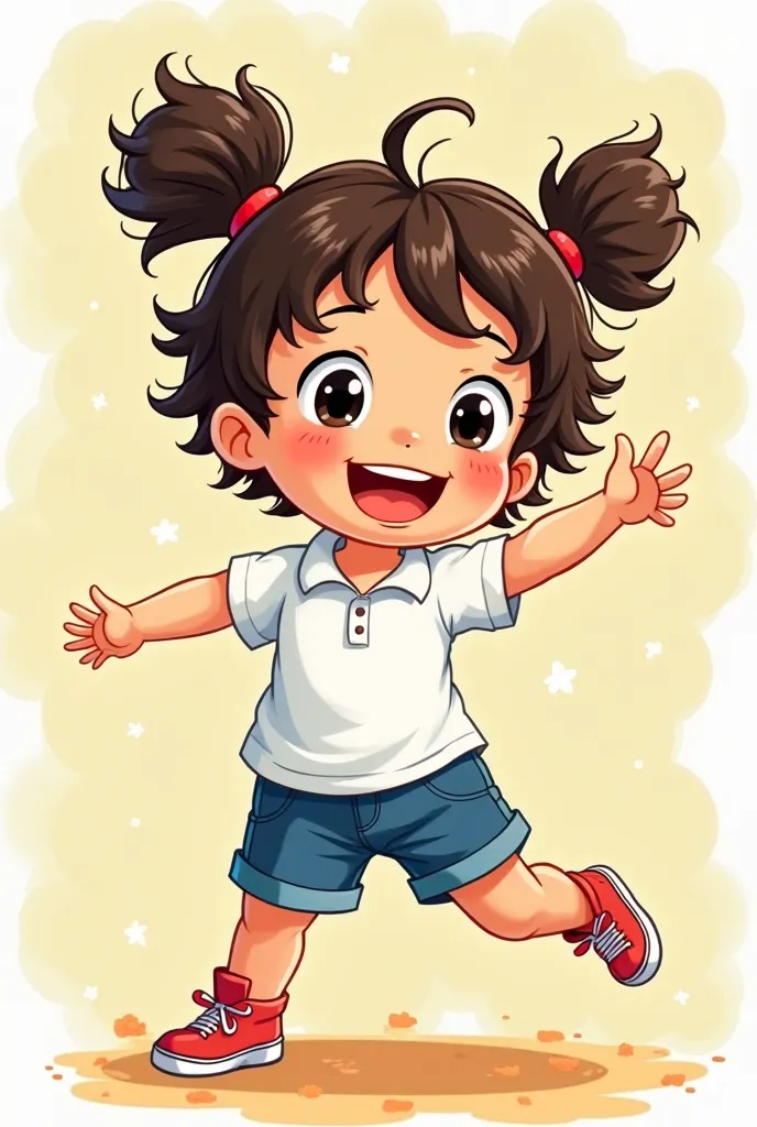  cartoon, Three-year-old girl, short wavy dark brown hair with two wavy tails, round black eyes , dressed in white polo and blue shorts . Kinder Background drawing 