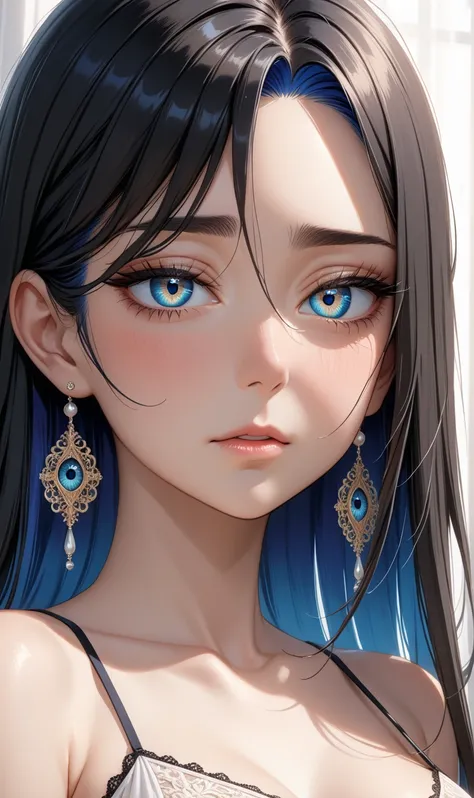 Upper body, (Elegant mature women), ((Ultra detailing)), (very aesthetic, best quality, ultra detailed), intricate details, 1girl, Black hair, (Random hairstyle), Blue inner hair , ((Detailed eyes)), ((Beautiful eyes)), ((prefect eyes)),sharp jawline, long...