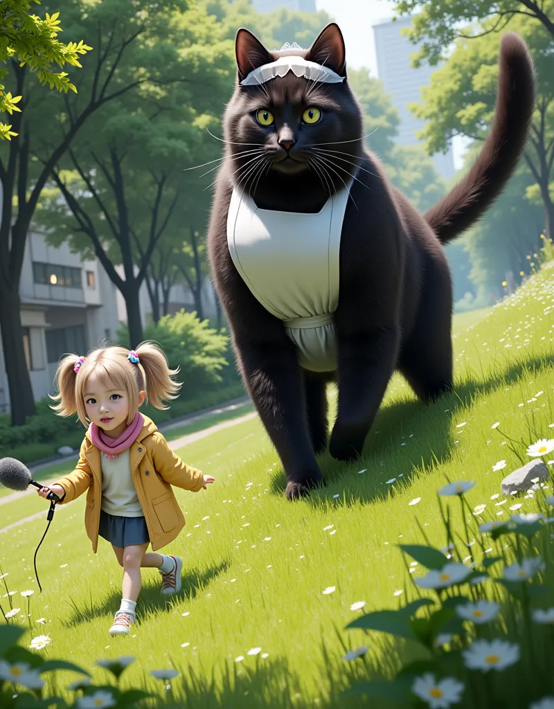 score_9,score_8_up,score_7_up,score_6_up,score_5_up,score_4_up,source_real photo,Ultra-realistic,Photorealistic,Ultra-realistic,Photorealistic,Dramatic Scene, Global Illumination, A huge black cat and a girl about  are playing sledding in a grassy park wit...