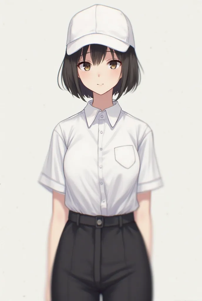 ((best quality)), (masterpiece), woman, young woman, solo, small breast, white clothing, employe, (white panel cap:1.2), tight white shirt with single white button, tucked in, short sleeves,black pants (long pants:1.2), facing front, torso front, looking a...