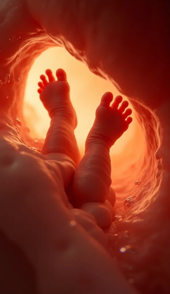 POV ultra-realistic image capturing the first-person perspective of a 9-month-old fetus inside the womb, focusing only on the legs. The scene immerses the viewer in the fetus's experience, showing small, curled legs with soft, slightly wrinkled skin. The f...