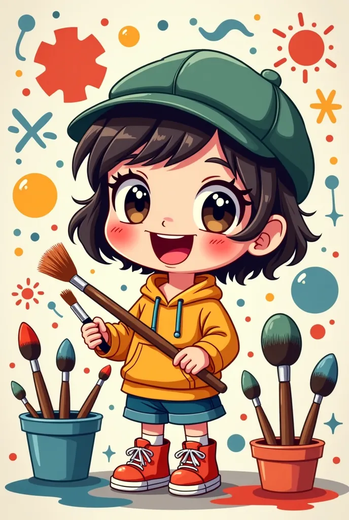 a happy artistic cartoon chibi girl 