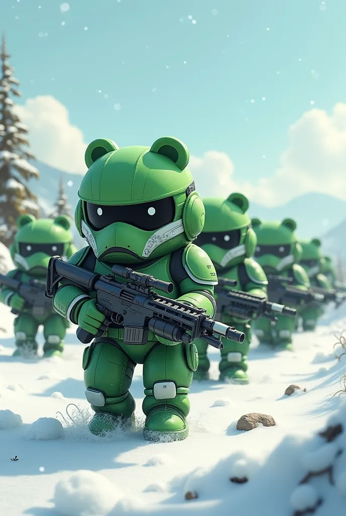 A Line Of Chibi Green Bear Soldiers Walking On Snow, Holding laser rifles, Many Green Bear Head Soldier Walking In Line Going For Battle, Walking Straight, Snow Falling, Beautiful Eye Catching Background, Wearing Storm Trooper Uniform, Highly Detailed, Mas...