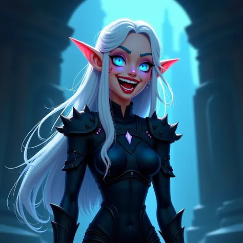 Elven woman with white hair, glowing blue eyes, dressed in black simple armor, scar, very wide smile on her face, animation style