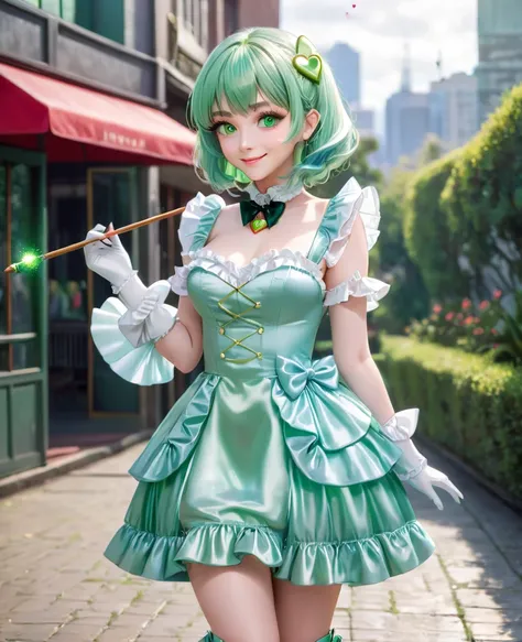 high quality　Ultra High Definition　Learn more 　More details　1 girl　Pale green hair　semi-long　 bangs　green eyes　is smiling　Petite　 light blue dress　 white frill　Long satin gloves　long boots　heart brooch on chest　 holding a magic wand in her right hand 