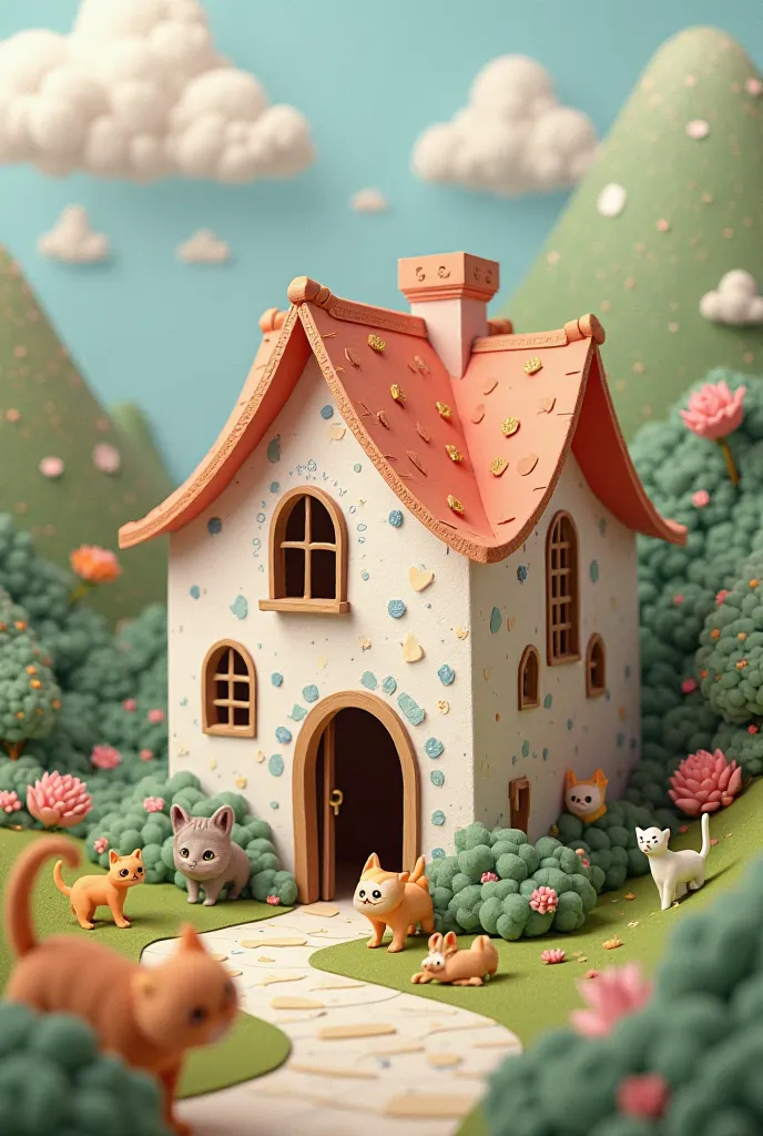 Create an image of that paper house, in a world where there are only cats 