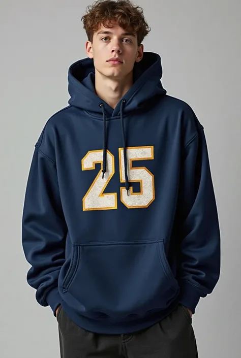 I want to create a creative design on oversized hoodie for seniors 25 graduation with colour navy blue and write front of hoodie name and 25