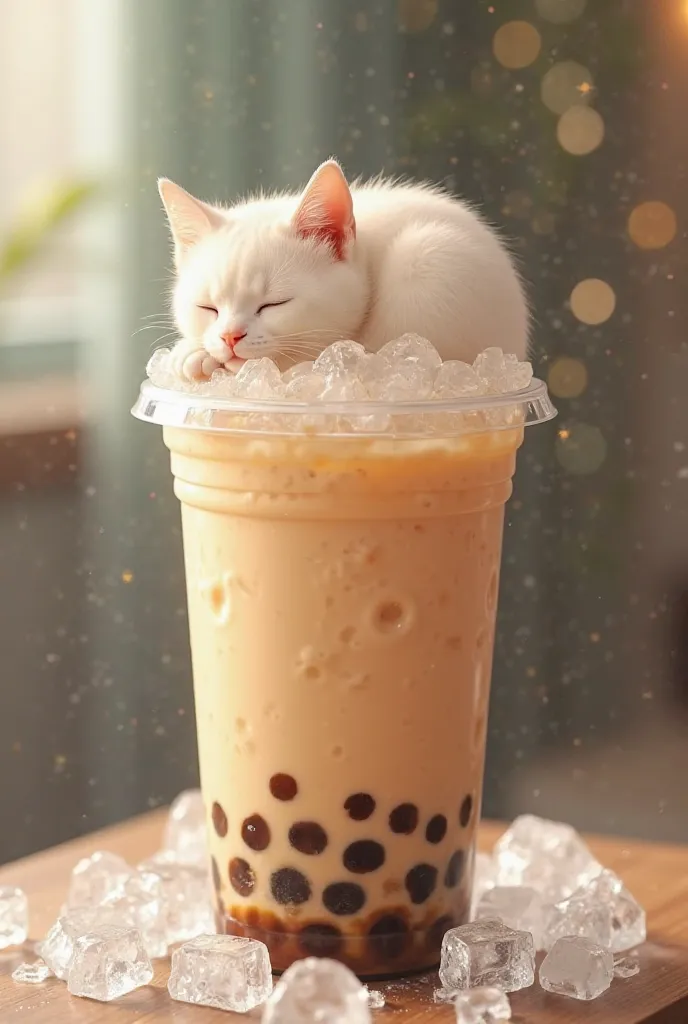 Create a n ice cold milktea with a lot of ice.On top of the container is a sleeping ordinary cat