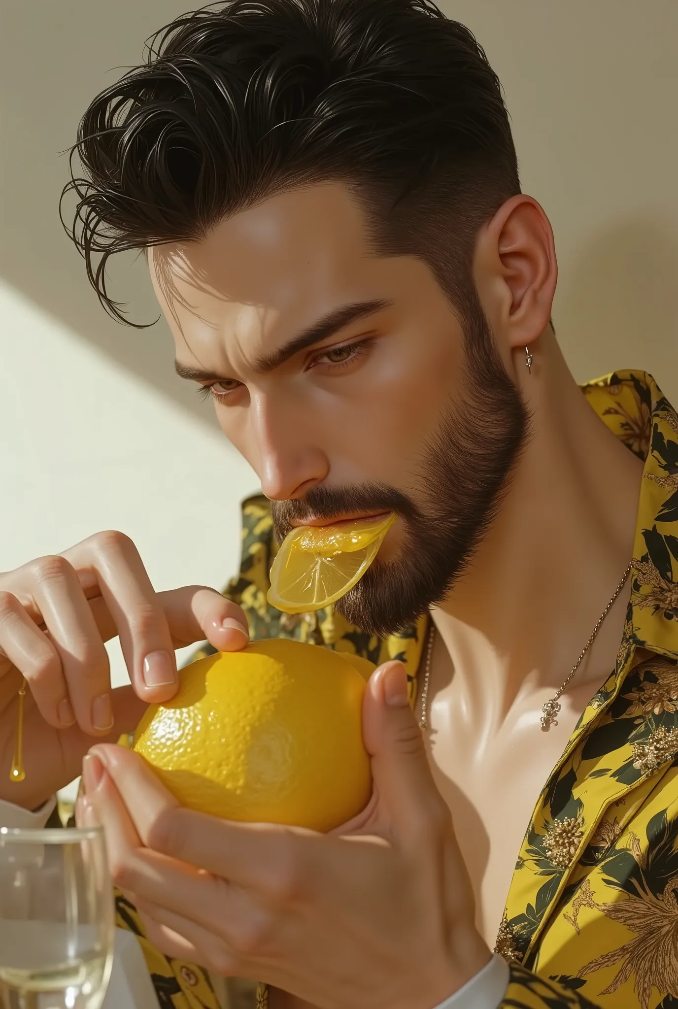 1 man, handsome man, Lemon Eating Challenge, ((Masterpiece)), ((Best Quality)), (Very Detailed), (Very Detailed)), 4K, (8K), very aesthetic, absurdres, highres,