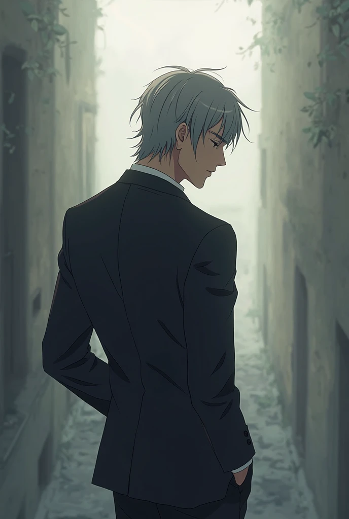 Make an anime character a man, skinny,  of middle age,  turning her back , with medium-long, gray-haired hair, clothing, in suit 