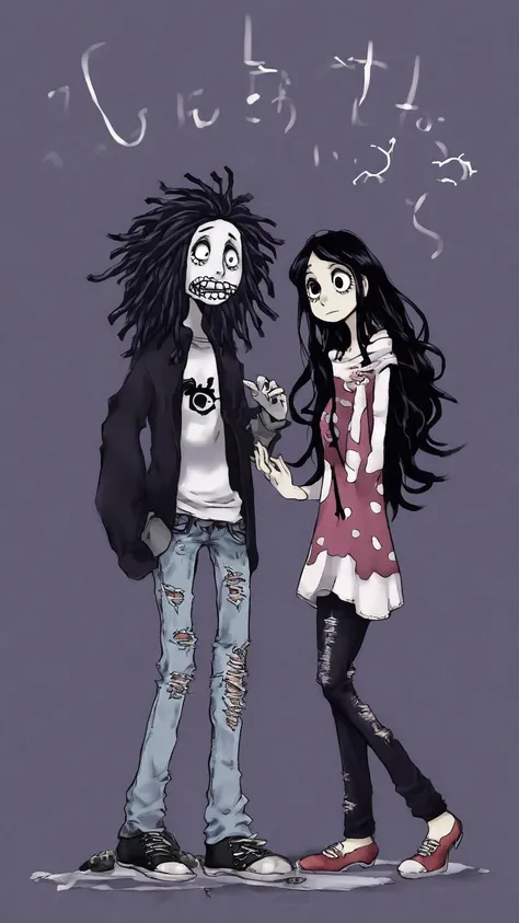    Tim Burton Style、、  casual fashion、damaged jeans、 black hair、long hair