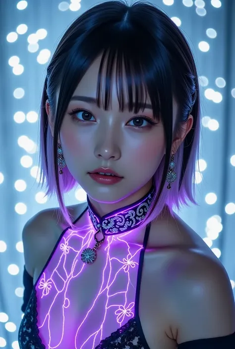 all around、In the dazzling halation white light, fluorescent white light is reflected around the、She's casting a spell、Please take a full-body picture of a beautiful Japanese girl who looks like a combination of a Chinese dress and gothic。costume is embroi...