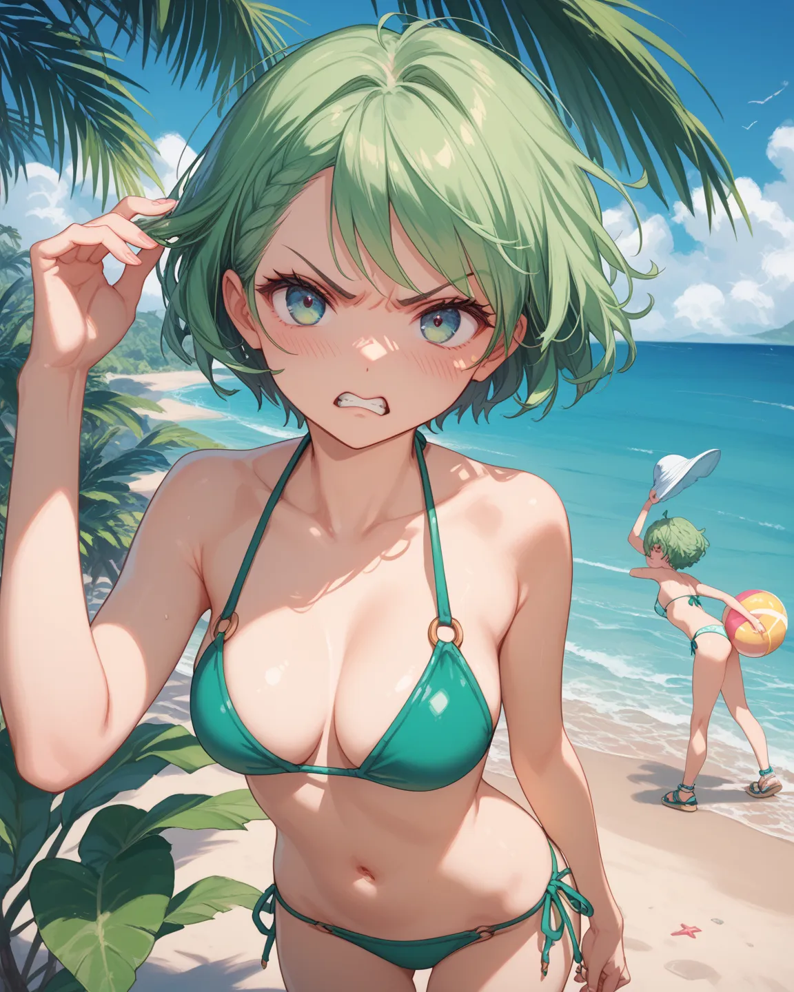 ,very angry, the green hair, short hair, a girl, Alone, short hair, green hair,  breasts, blush,  beach, bikini sexy, Multiple views 