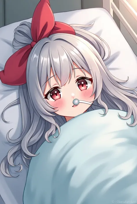 An anime-style illustration of a young woman with long, silver hair, fully swaddled in a soft hospital blanket up to her neck with only her head exposed. A big, neatly tied red bow is placed on her head. Her eyes are half-lidded and dazed, looking adorable...