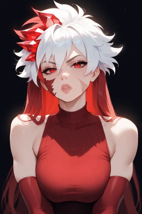 Female, athletic body, serious look, crystal red eyes, scarred face, full lips, slim face, beautiful face, white short spiky hair, a few strands hanging in her eyes, crossed hands, Red loose sleeveless silk shirt, red pants, red long material hanging down ...