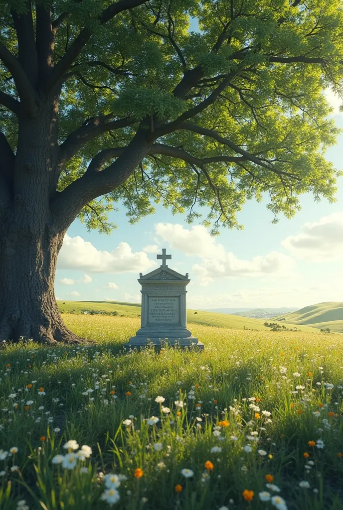 The image shows a simple and humble grave located under the shade of a majestic tree, in the middle of an open and serene field. The Tree, with its sturdy trunk and extended branches, seems to protect the place with a quiet and eternal presence. Its leaves...