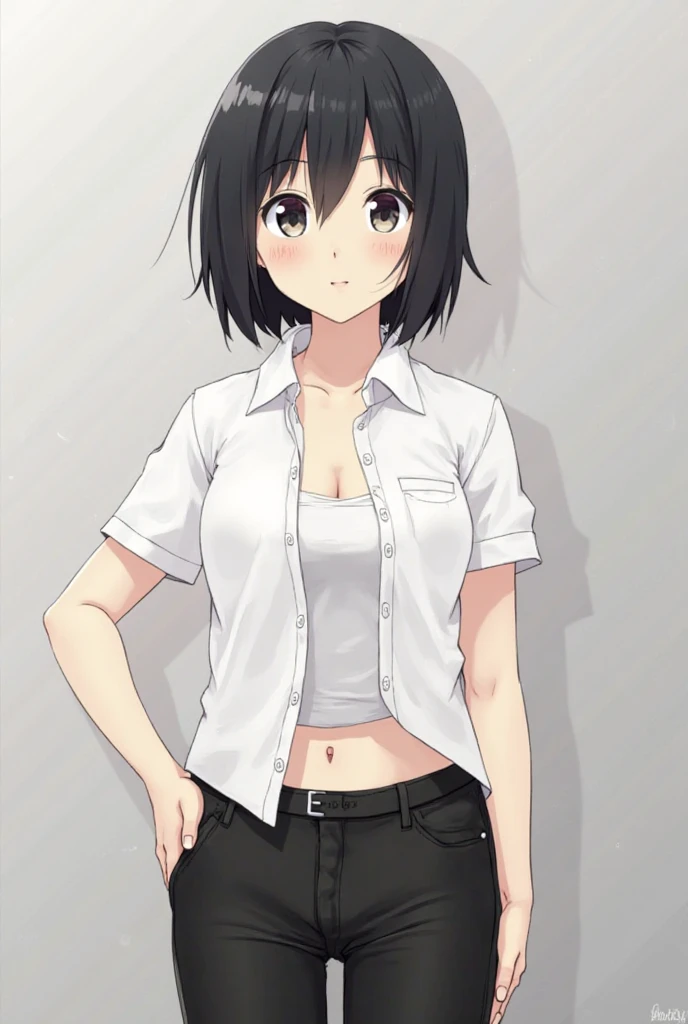 ((best quality)), (masterpiece), woman,  girl, solo, small breast, white clothing, student, short black hair, tight white shirt with single white button, tucked in, short sleeves, black pants (long pants:1.2), fully unbuttoned shirt, exposed tank top and c...